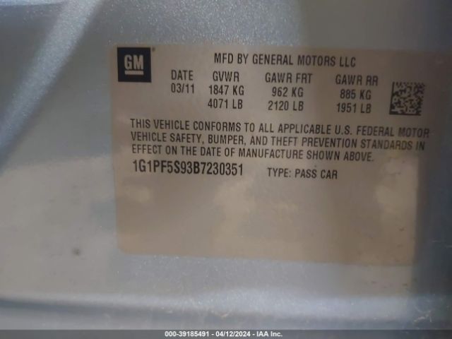 Photo 8 VIN: 1G1PF5S93B7230351 - CHEVROLET CRUZE 