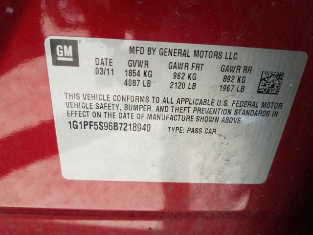 Photo 9 VIN: 1G1PF5S96B7218940 - CHEVROLET CRUZE LT 