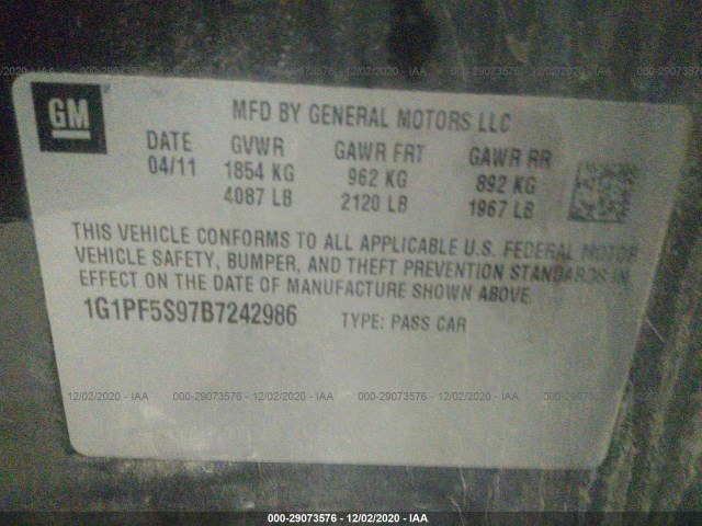 Photo 8 VIN: 1G1PF5S97B7242986 - CHEVROLET CRUZE 