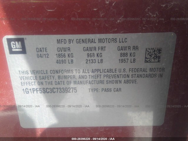 Photo 8 VIN: 1G1PF5SC3C7339275 - CHEVROLET CRUZE 