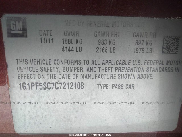 Photo 8 VIN: 1G1PF5SC7C7212108 - CHEVROLET CRUZE 