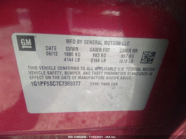 Photo 8 VIN: 1G1PF5SC7C7369377 - CHEVROLET CRUZE 