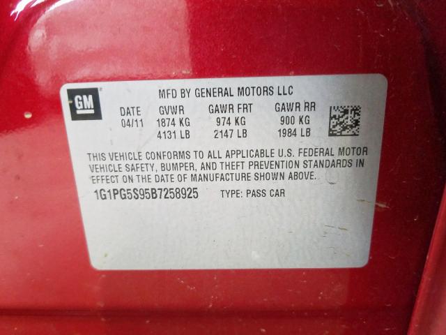 Photo 9 VIN: 1G1PG5S95B7258925 - CHEVROLET CRUZE LT 