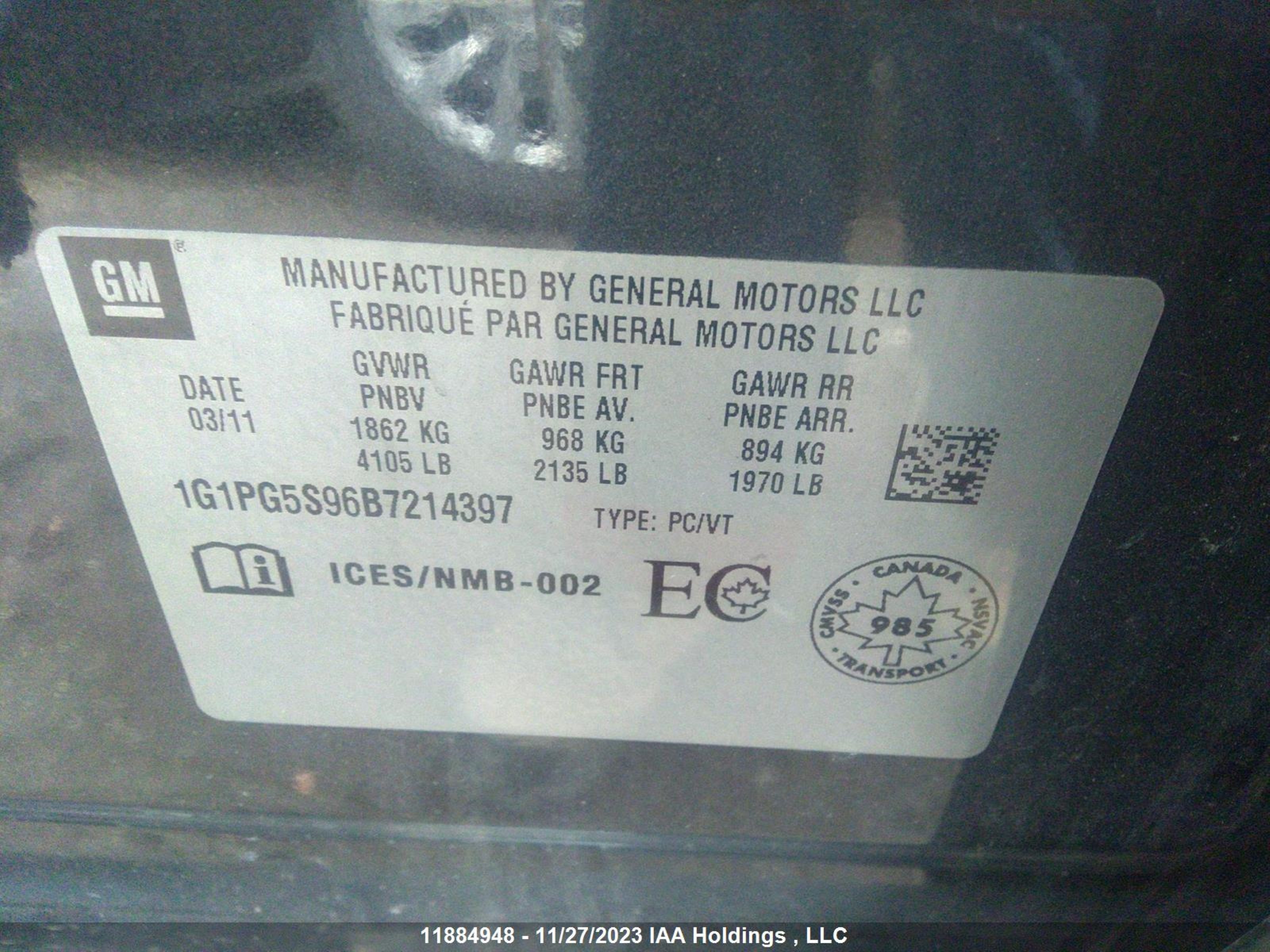 Photo 8 VIN: 1G1PG5S96B7214397 - CHEVROLET CRUZE 