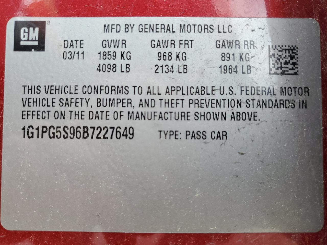 Photo 12 VIN: 1G1PG5S96B7227649 - CHEVROLET CRUZE 