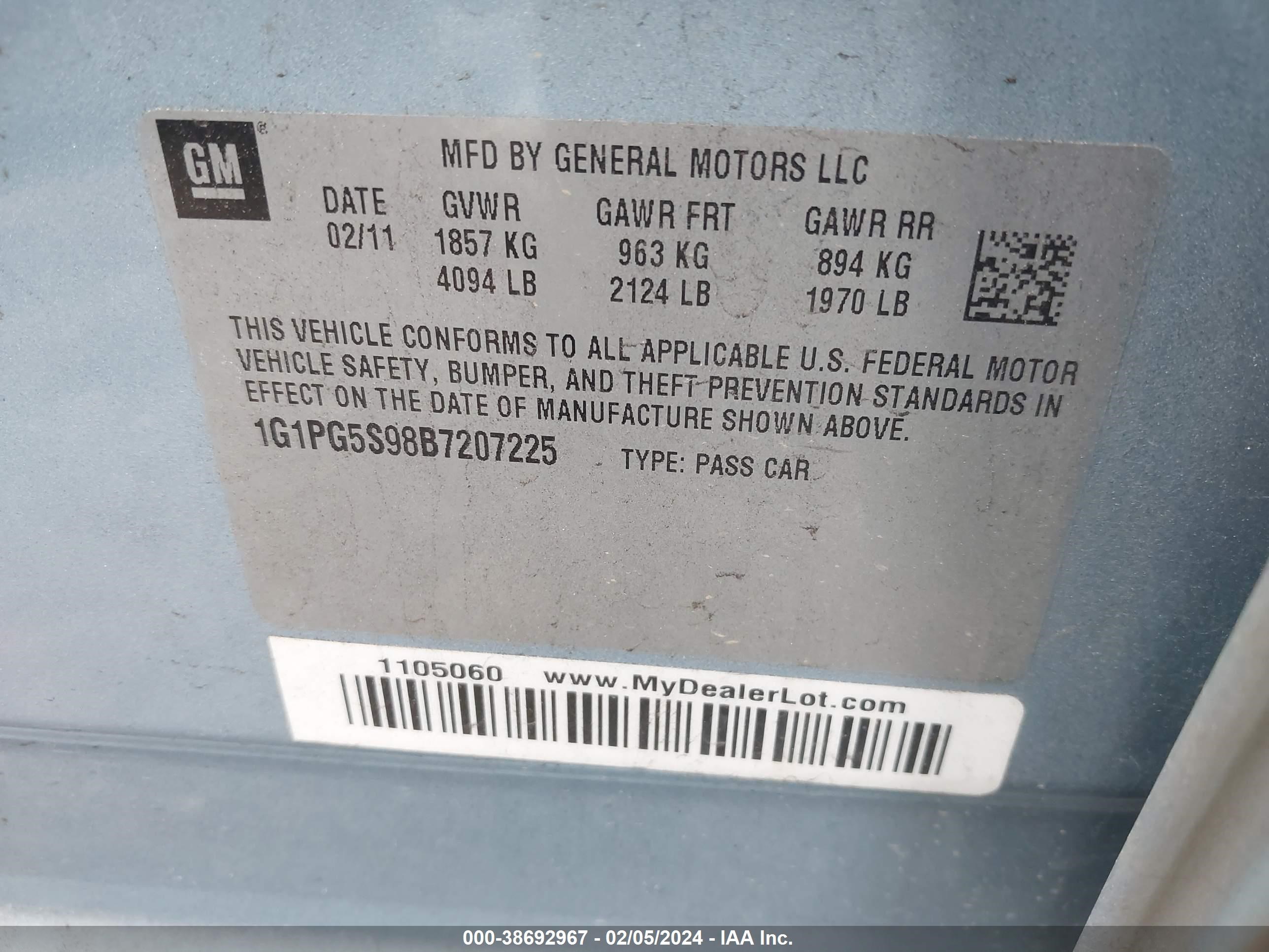 Photo 8 VIN: 1G1PG5S98B7207225 - CHEVROLET CRUZE 