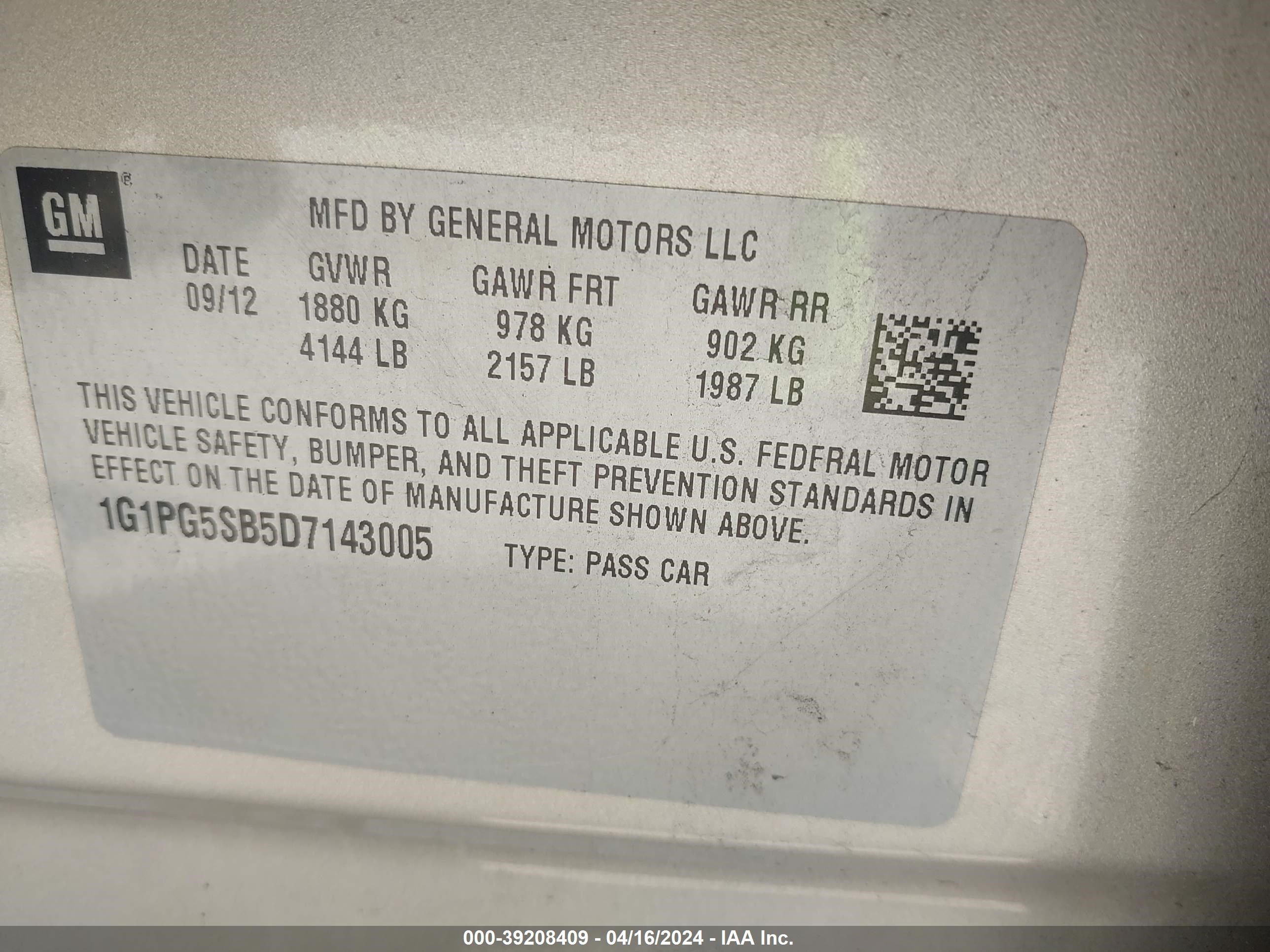 Photo 8 VIN: 1G1PG5SB5D7143005 - CHEVROLET CRUZE 