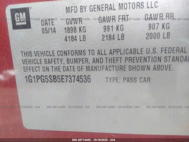 Photo 8 VIN: 1G1PG5SB5E7374536 - CHEVROLET CRUZE 