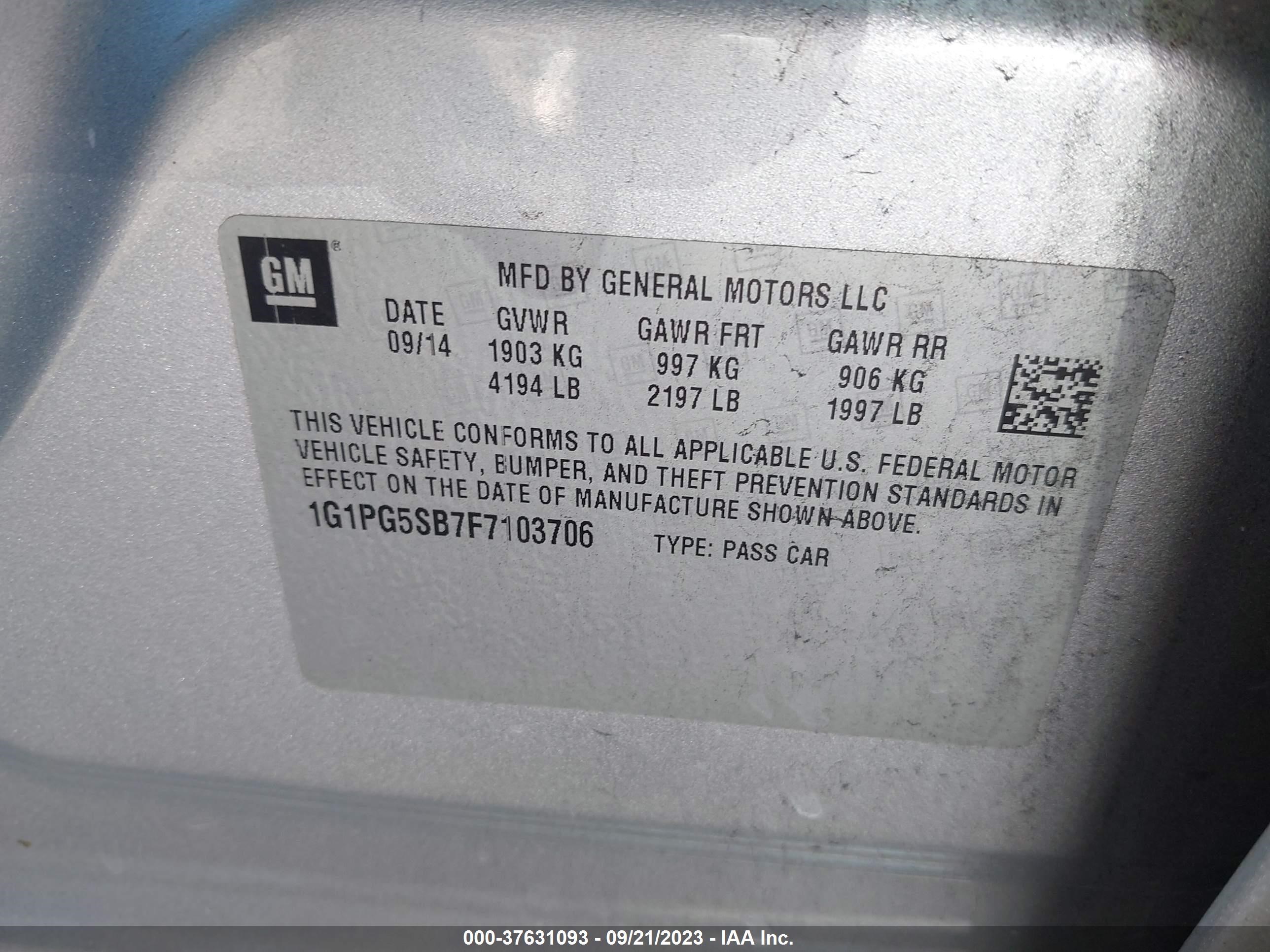 Photo 8 VIN: 1G1PG5SB7F7103706 - CHEVROLET CRUZE 