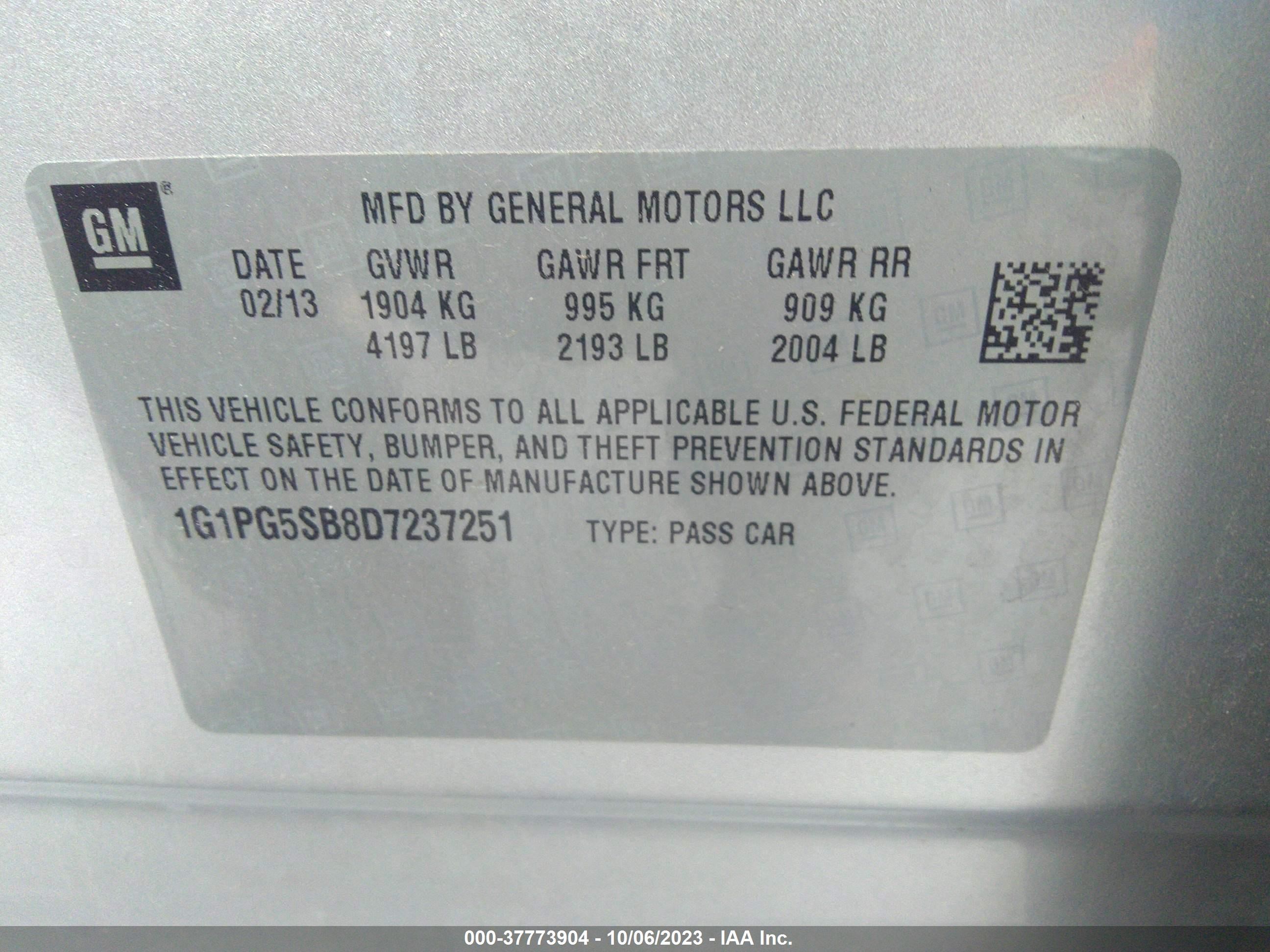 Photo 8 VIN: 1G1PG5SB8D7237251 - CHEVROLET CRUZE 