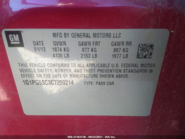 Photo 8 VIN: 1G1PG5SC3C7259214 - CHEVROLET CRUZE 