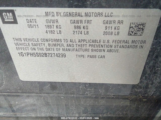 Photo 8 VIN: 1G1PH5S92B7274299 - CHEVROLET CRUZE 