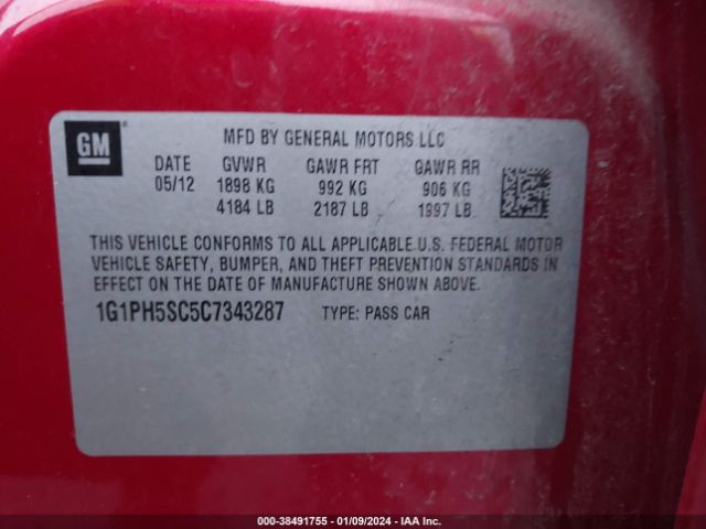 Photo 8 VIN: 1G1PH5SC5C7343287 - CHEVROLET CRUZE 