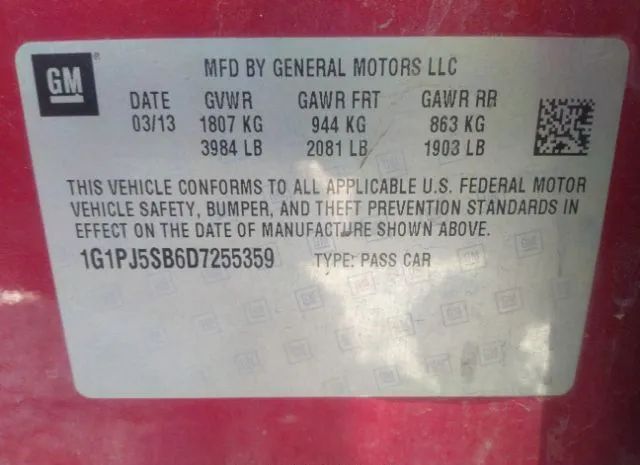 Photo 8 VIN: 1G1PJ5SB6D7255359 - CHEVROLET CRUZE 