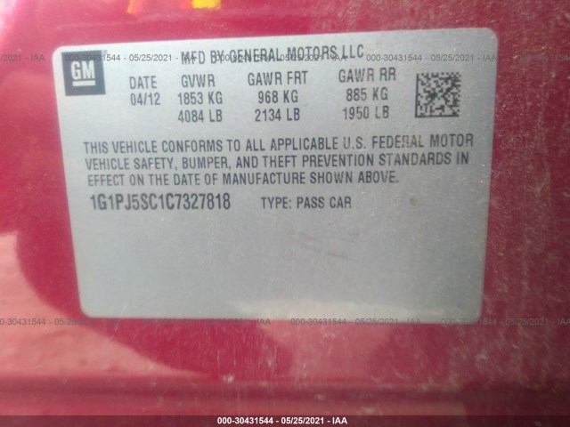 Photo 8 VIN: 1G1PJ5SC1C7327818 - CHEVROLET CRUZE 