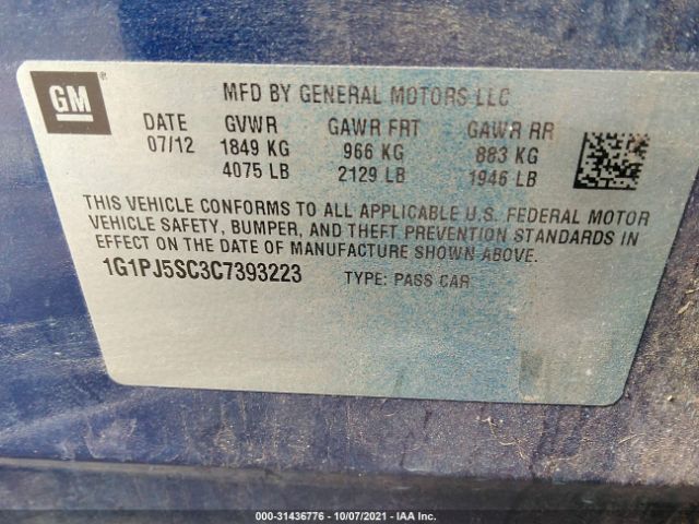 Photo 8 VIN: 1G1PJ5SC3C7393223 - CHEVROLET CRUZE 