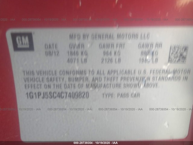 Photo 8 VIN: 1G1PJ5SC4C7409820 - CHEVROLET CRUZE 