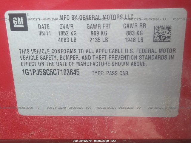 Photo 8 VIN: 1G1PJ5SC5C7103645 - CHEVROLET CRUZE 