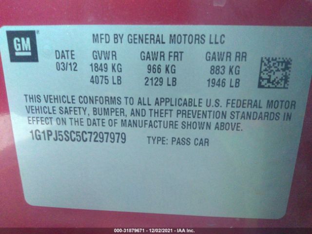 Photo 8 VIN: 1G1PJ5SC5C7297979 - CHEVROLET CRUZE 