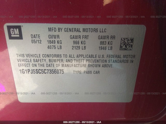 Photo 8 VIN: 1G1PJ5SC5C7356075 - CHEVROLET CRUZE 