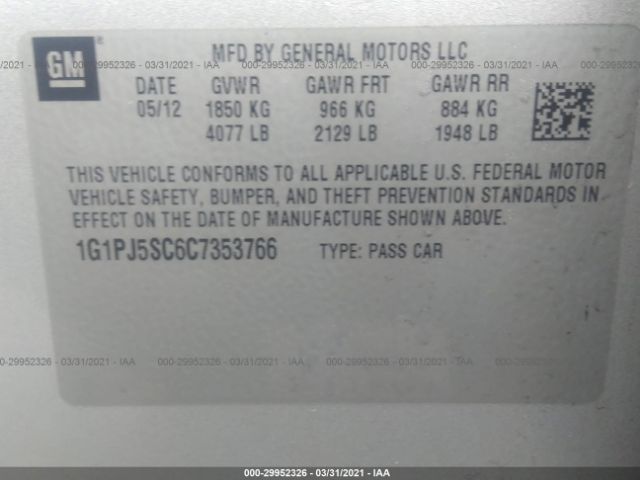 Photo 8 VIN: 1G1PJ5SC6C7353766 - CHEVROLET CRUZE 