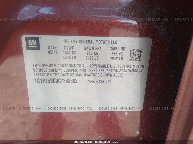 Photo 8 VIN: 1G1PJ5SC9C7342602 - CHEVROLET CRUZE 