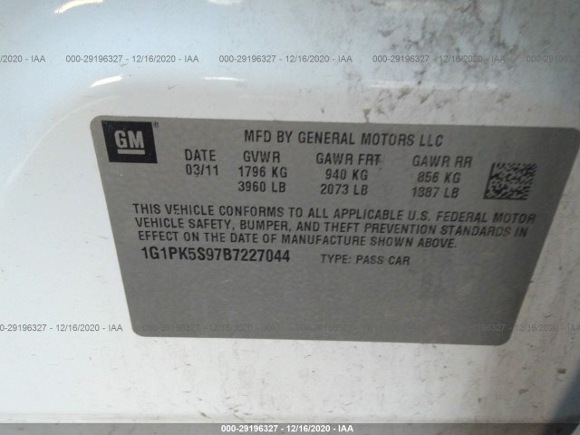 Photo 8 VIN: 1G1PK5S97B7227044 - CHEVROLET CRUZE 