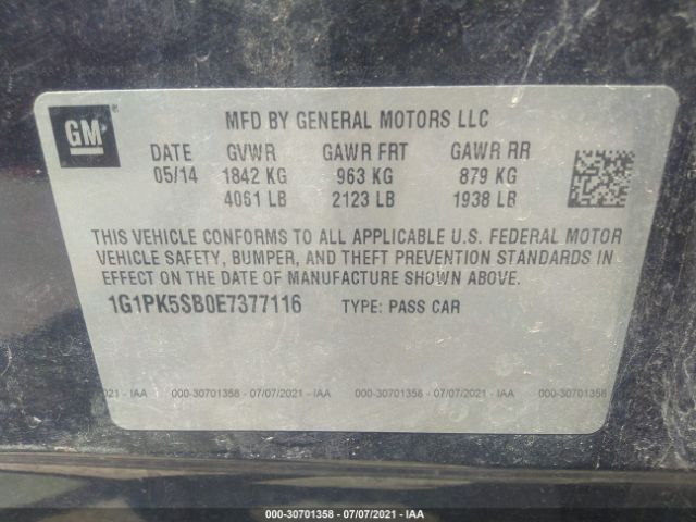 Photo 8 VIN: 1G1PK5SB0E7377116 - CHEVROLET CRUZE 