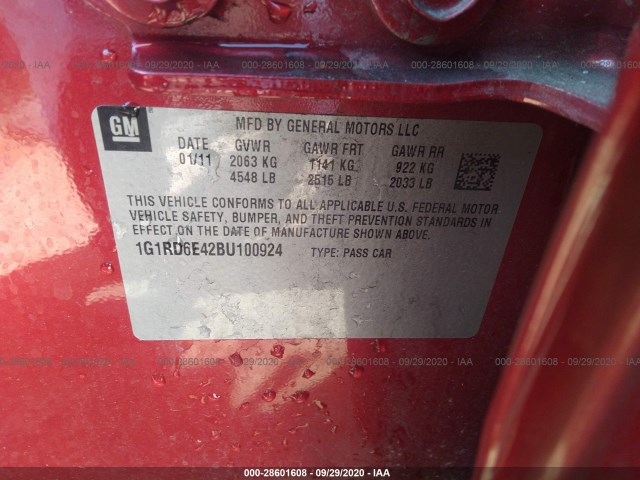 Photo 8 VIN: 1G1RD6E42BU100924 - CHEVROLET VOLT 