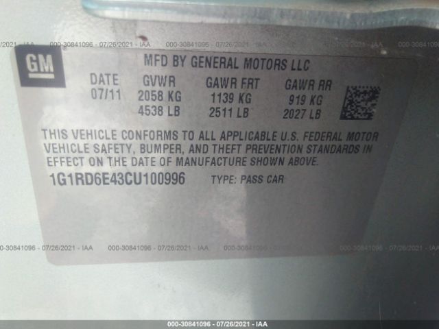 Photo 8 VIN: 1G1RD6E43CU100996 - CHEVROLET VOLT 