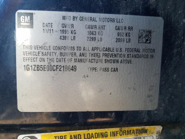 Photo 9 VIN: 1G1ZB5E00CF218649 - CHEVROLET MALIBU LS 