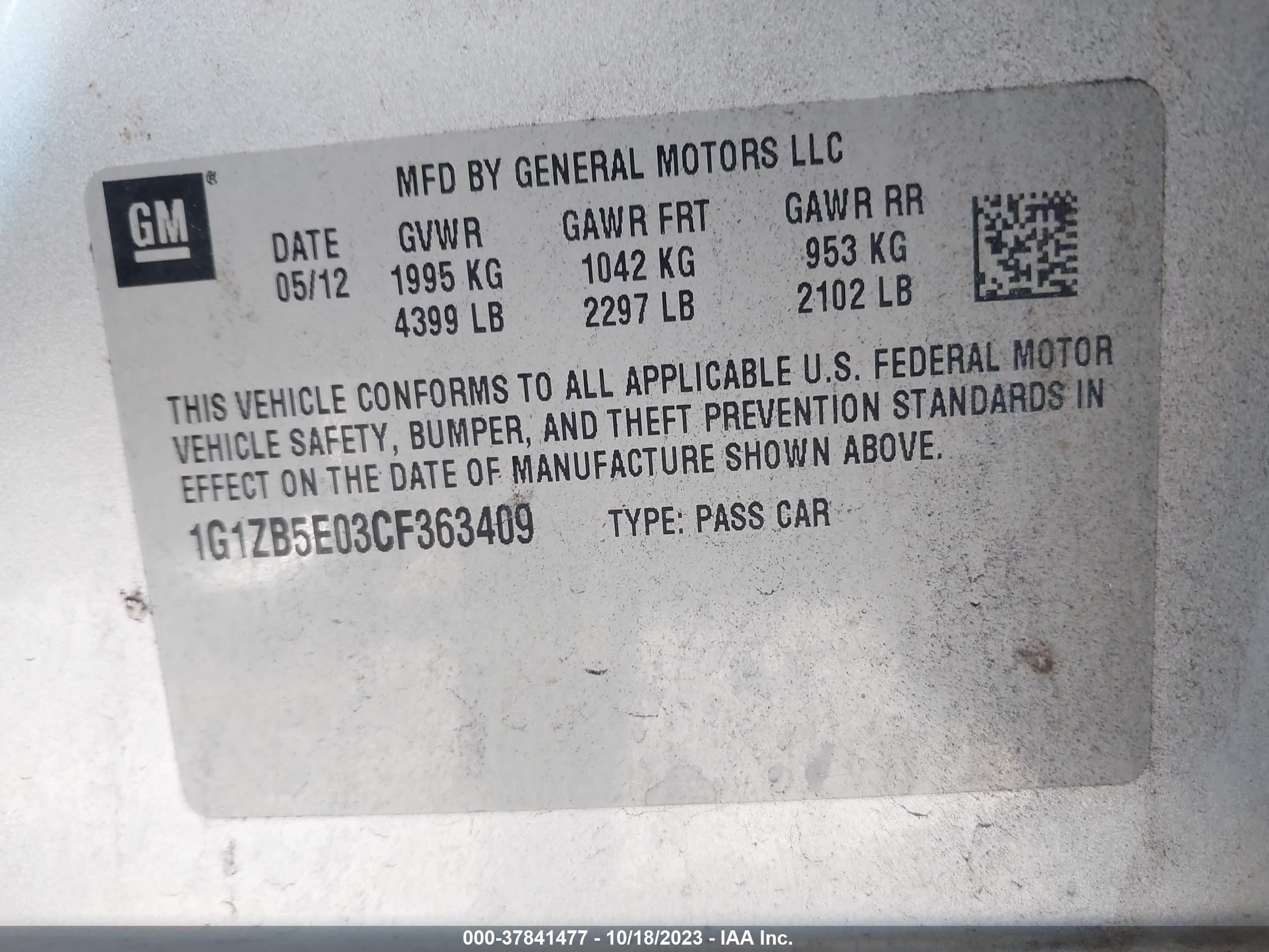 Photo 8 VIN: 1G1ZB5E03CF363409 - CHEVROLET MALIBU 