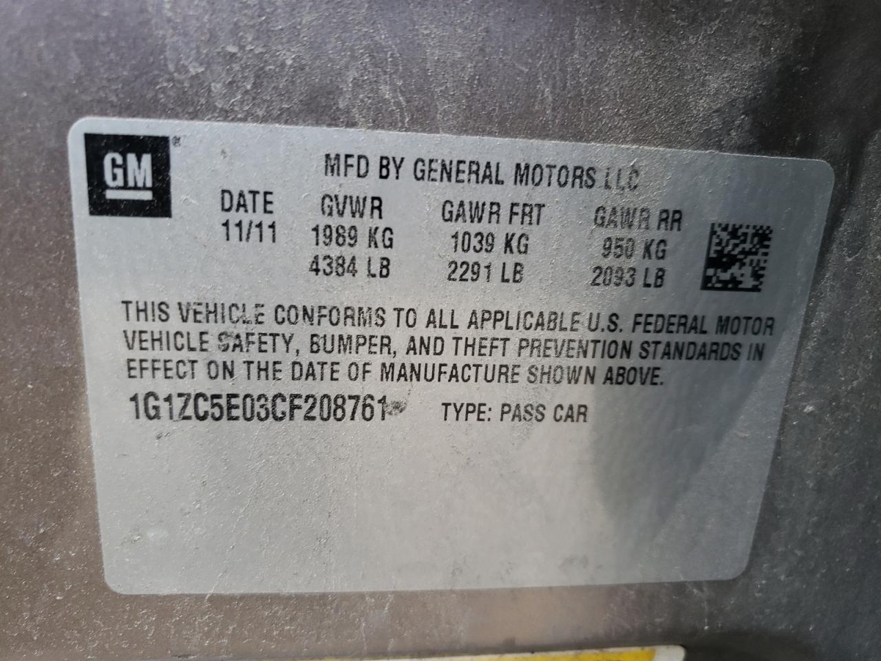 Photo 12 VIN: 1G1ZC5E03CF208761 - CHEVROLET MALIBU 