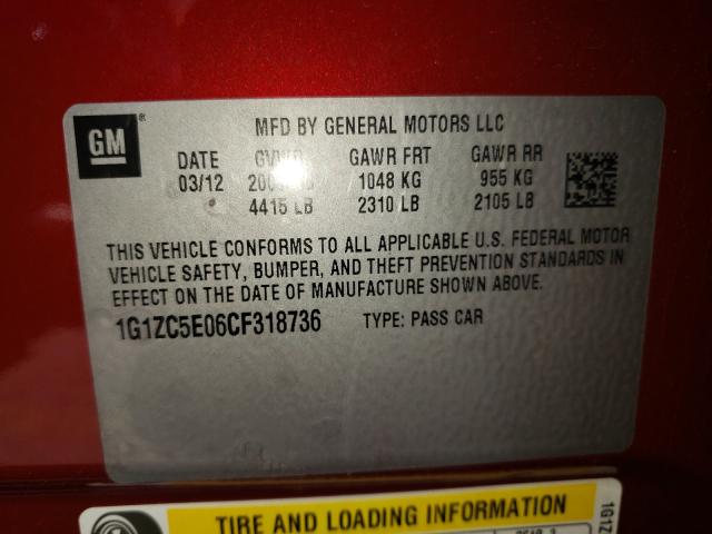 Photo 9 VIN: 1G1ZC5E06CF318736 - CHEVROLET MALIBU 1LT 