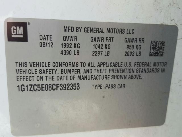 Photo 9 VIN: 1G1ZC5E08CF392353 - CHEVROLET MALIBU 1LT 