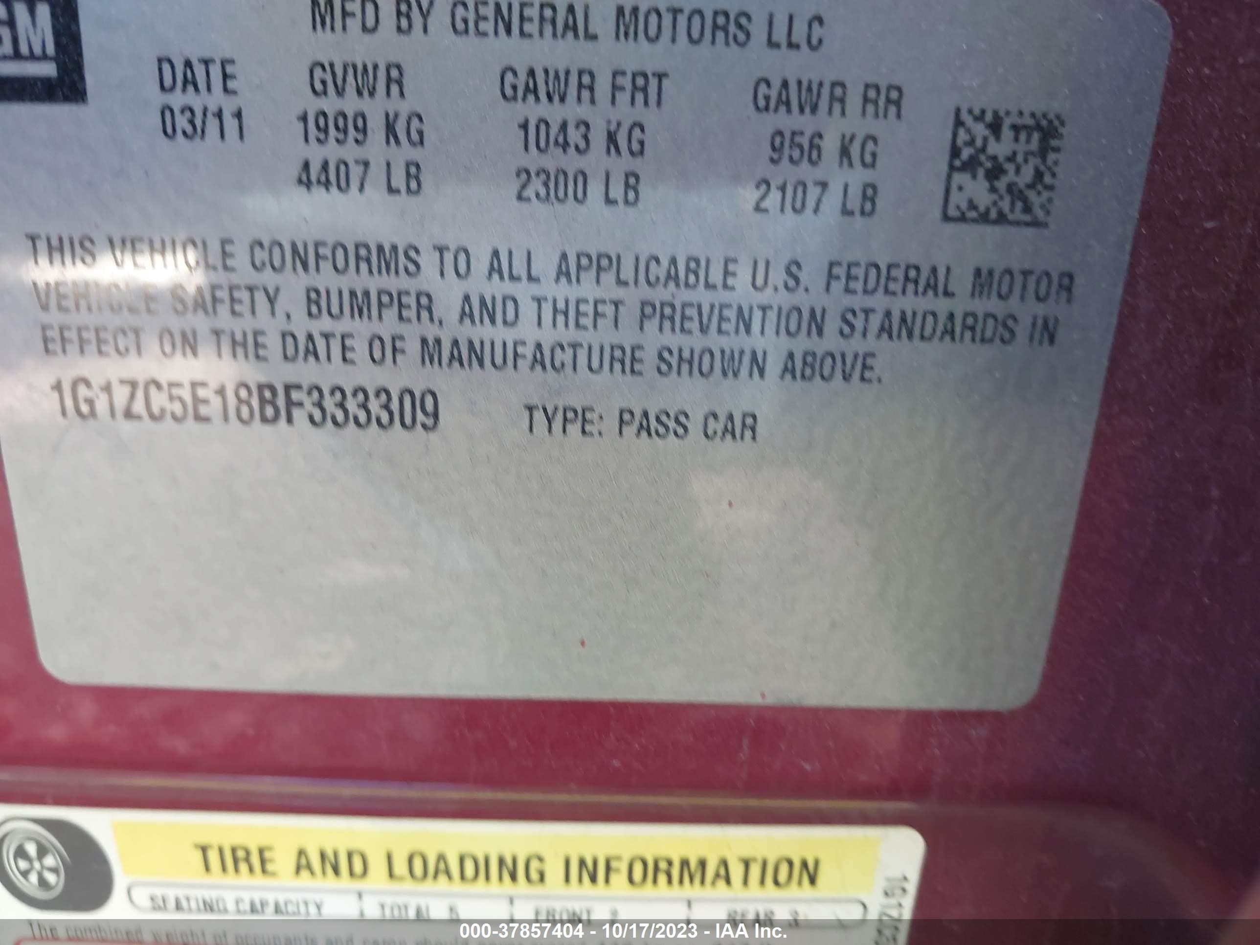 Photo 8 VIN: 1G1ZC5E18BF333309 - CHEVROLET MALIBU 