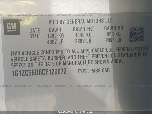 Photo 8 VIN: 1G1ZC5EU8CF129072 - CHEVROLET MALIBU 