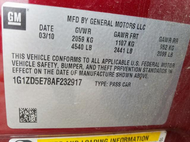 Photo 9 VIN: 1G1ZD5E78AF232917 - CHEVROLET MALIBU 2LT 