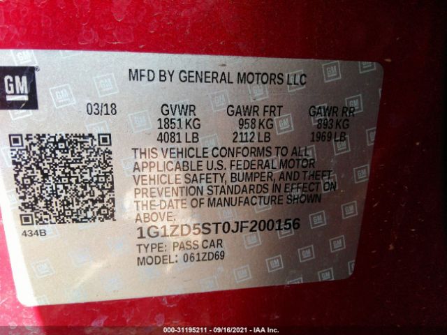 Photo 8 VIN: 1G1ZD5ST0JF200156 - CHEVROLET MALIBU 