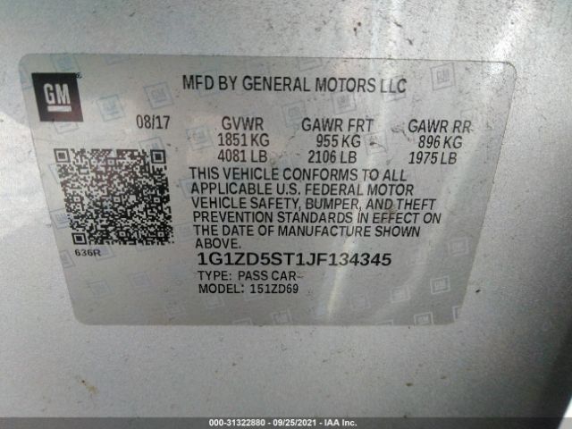 Photo 8 VIN: 1G1ZD5ST1JF134345 - CHEVROLET MALIBU 