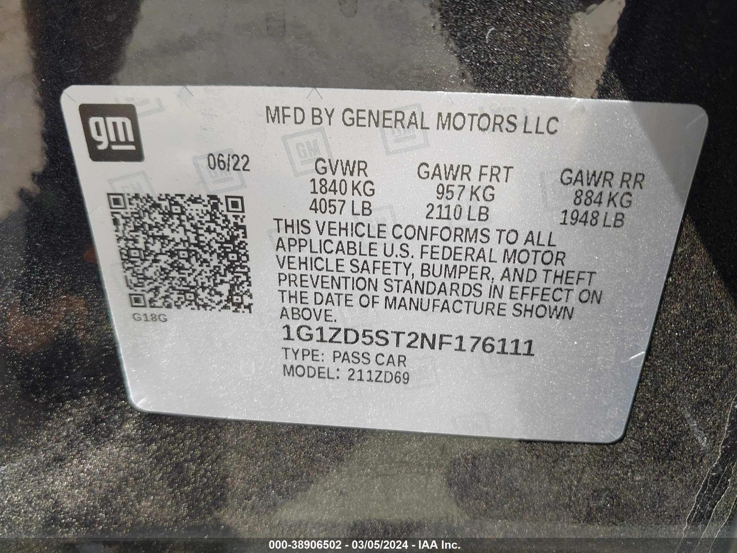 Photo 8 VIN: 1G1ZD5ST2NF176111 - CHEVROLET MALIBU 