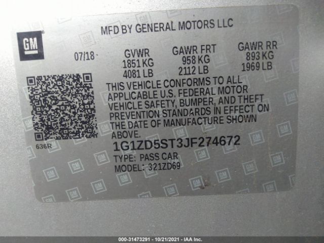 Photo 8 VIN: 1G1ZD5ST3JF274672 - CHEVROLET MALIBU 