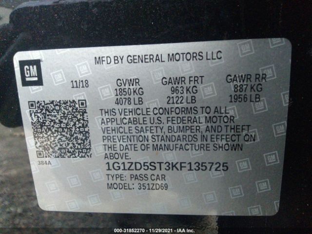 Photo 8 VIN: 1G1ZD5ST3KF135725 - CHEVROLET MALIBU 