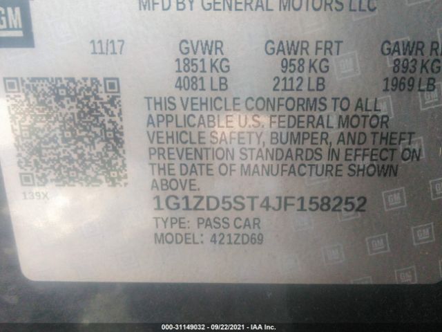 Photo 8 VIN: 1G1ZD5ST4JF158252 - CHEVROLET MALIBU 