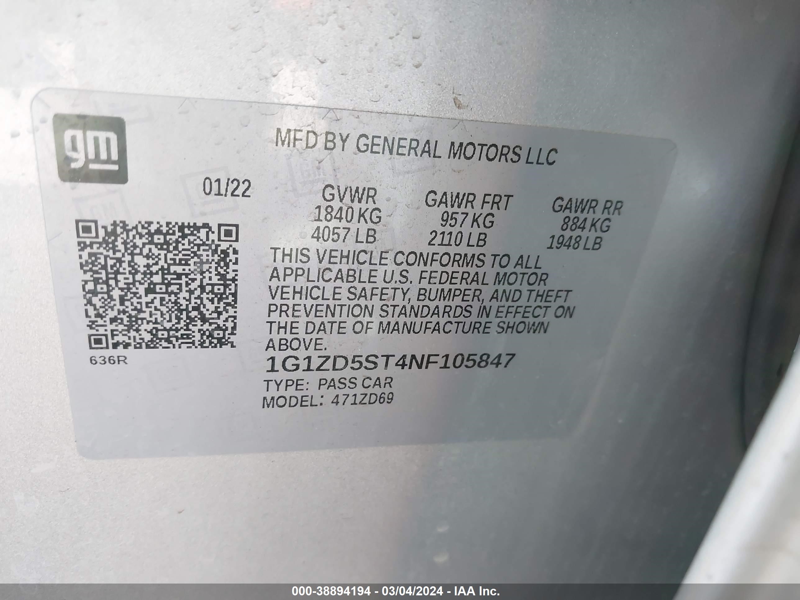 Photo 8 VIN: 1G1ZD5ST4NF105847 - CHEVROLET MALIBU 