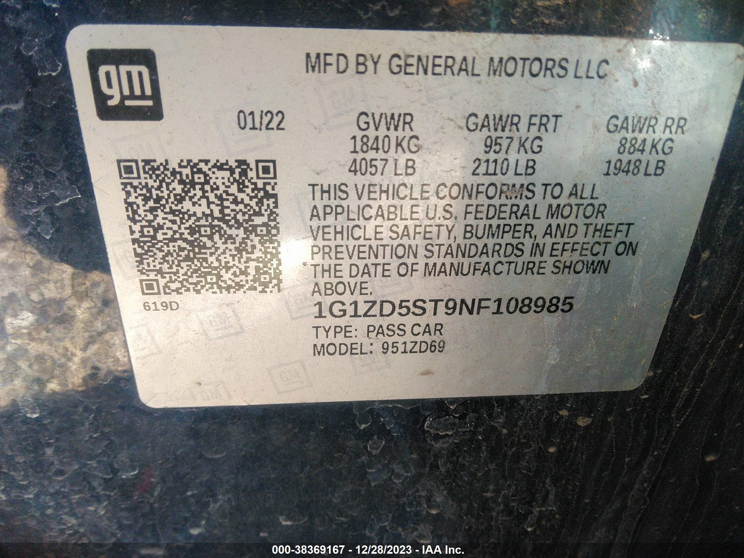 Photo 8 VIN: 1G1ZD5ST9NF108985 - CHEVROLET MALIBU 