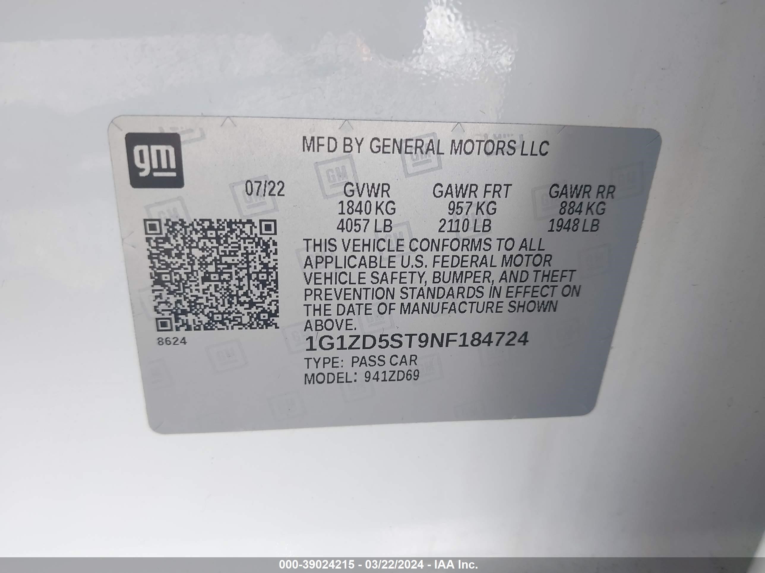 Photo 8 VIN: 1G1ZD5ST9NF184724 - CHEVROLET MALIBU 