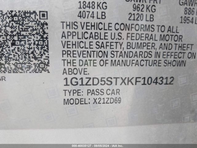 Photo 8 VIN: 1G1ZD5STXKF104312 - CHEVROLET MALIBU 