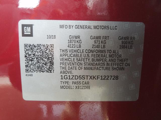 Photo 9 VIN: 1G1ZD5STXKF122728 - CHEVROLET MALIBU LT 