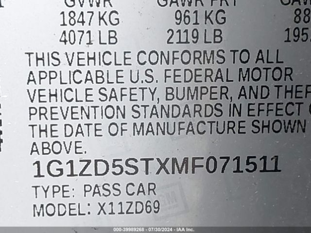 Photo 8 VIN: 1G1ZD5STXMF071511 - CHEVROLET MALIBU 